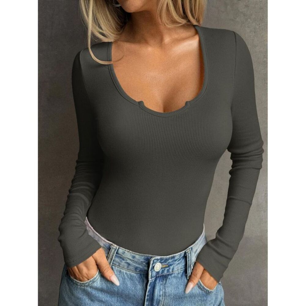 Everyday the Label Ribbed Knit Long Sleeve T-Shirt Women Dark Gray T-Shirts - Picture 1 of 3